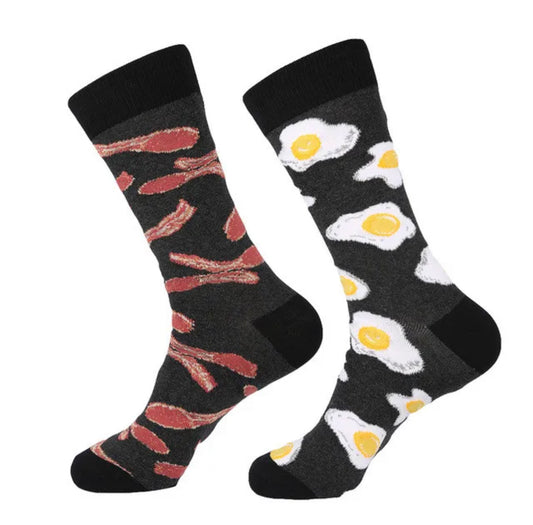 Bacon and Eggs Cartoon Socks, Fun Novelty Unisex 360 Degree Artwork Character Designed Crew Socks