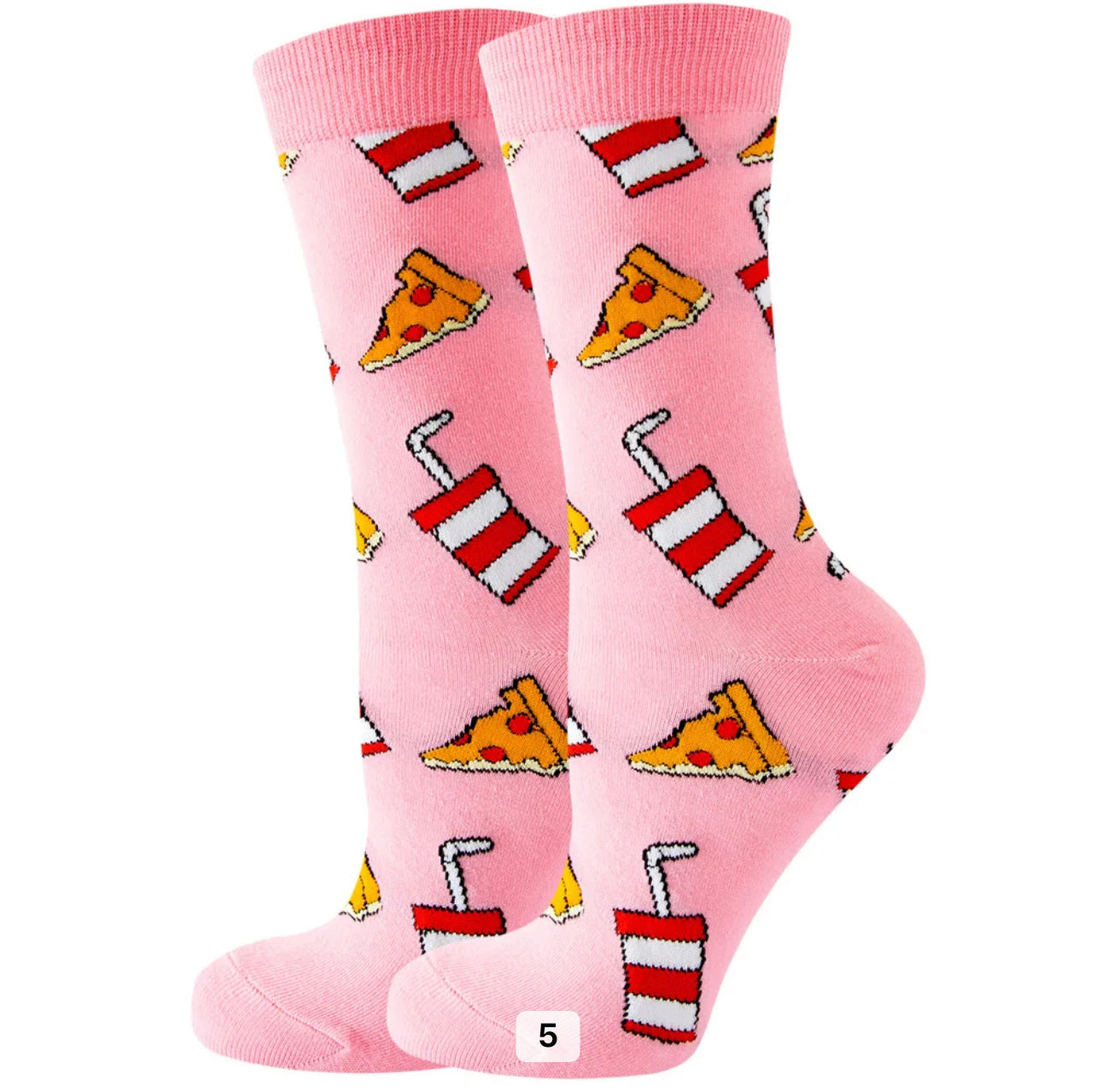 Pizza & Soda Cartoon Socks, Fun Novelty Unisex 360 Degree Artwork Character Designed Crew Socks