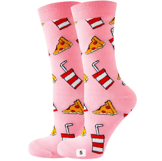 Pizza & Soda Cartoon Socks, Fun Novelty Unisex 360 Degree Artwork Character Designed Crew Socks