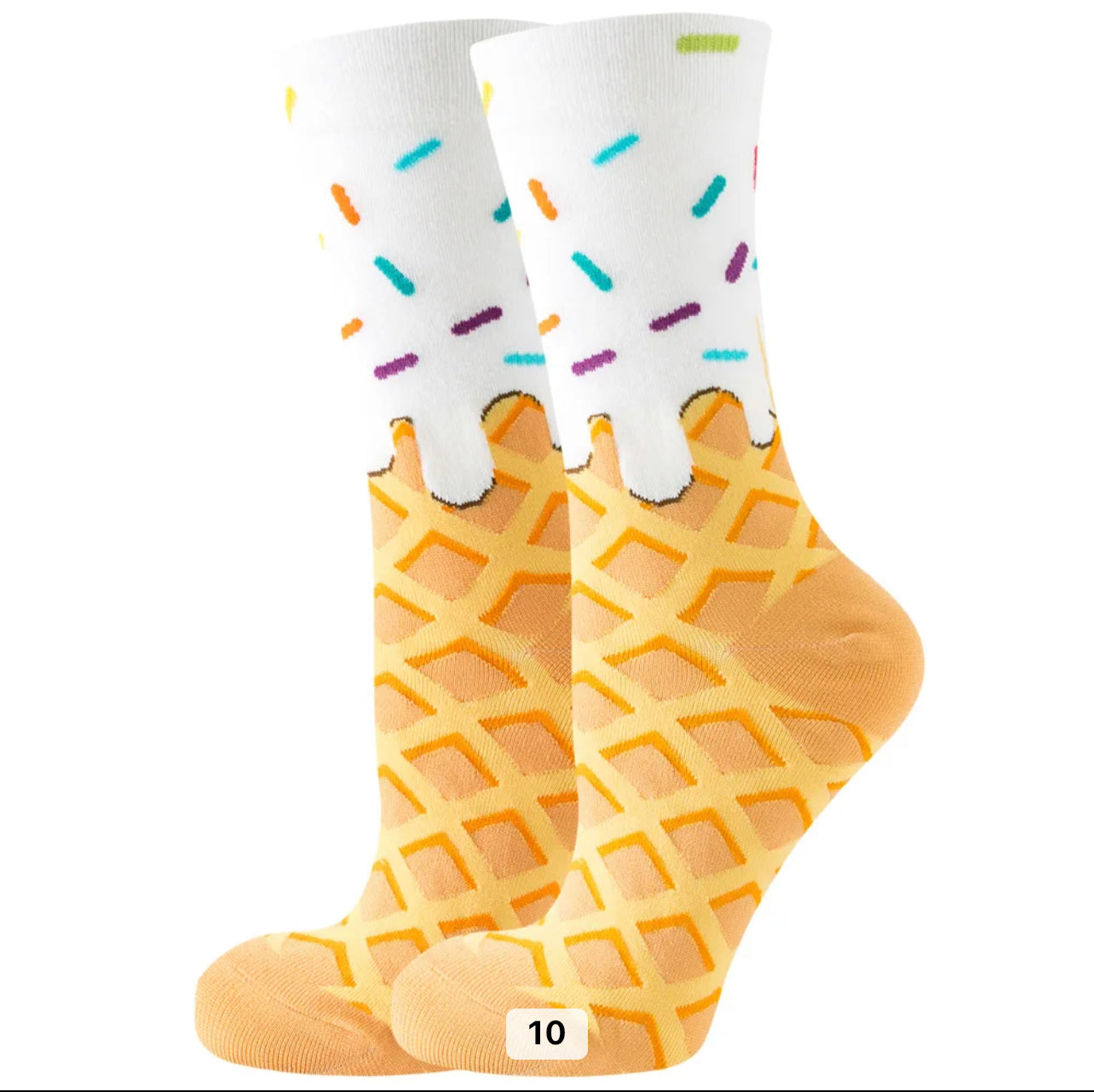 Ice Cream Waffle Cone Cartoon Socks, Fun Novelty Unisex 360 Degree Artwork Character Designed Crew Socks