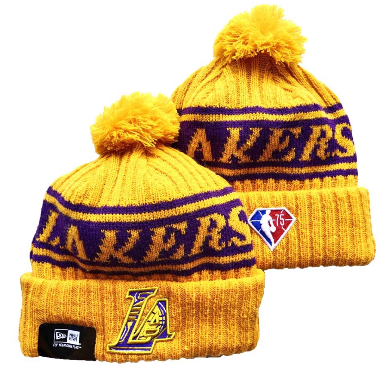 Los Angeles Men's Cuffed Knit Hat with Pom Pro Basketball Beanie Yellow/Purple