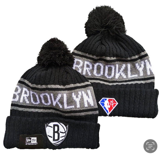 Brooklyn Men's Cuffed Knit Hat with Pom Pro Basketball Beanie Black/Gray