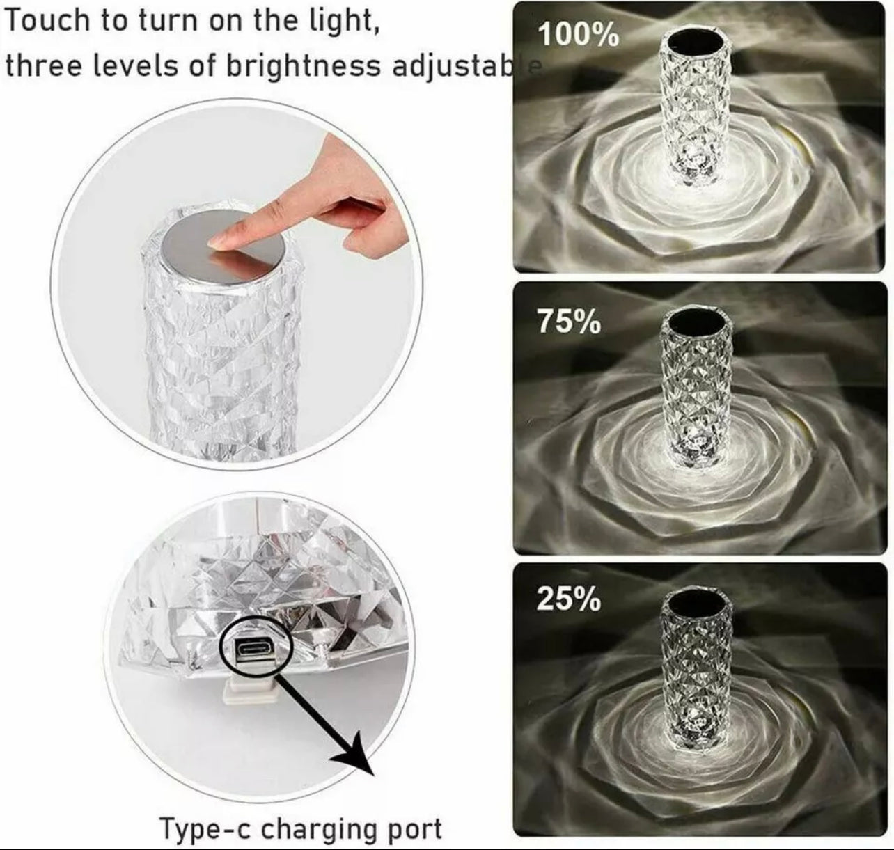 LED Crystal Table Lamp Diamond Rose Night Light Touch Atmosphere Bedside Bar USA, 16 Color