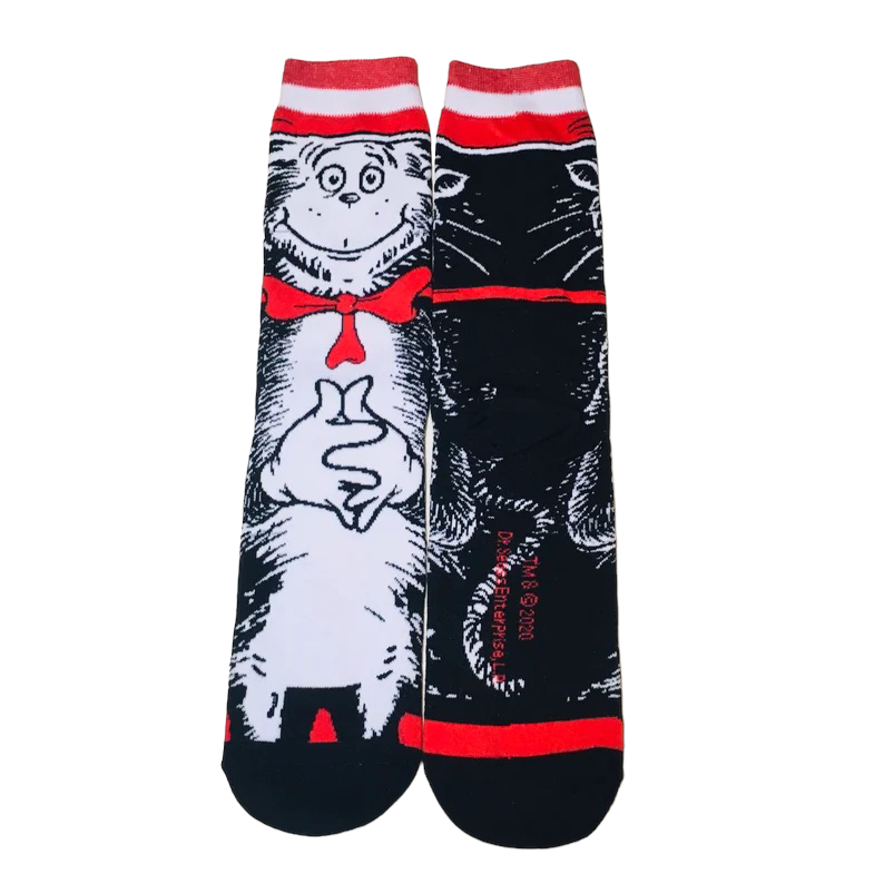 Cat in a Hat, Cartoon Socks  Womens & Mens Fun Novelty Crew Character 360 Degree Artwork Designed Socks