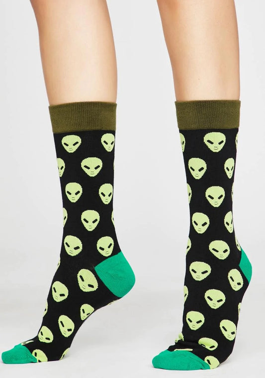 Alien Cartoon Socks, Fun Novelty Unisex 360 Degree Artwork Character Designed Crew Socks