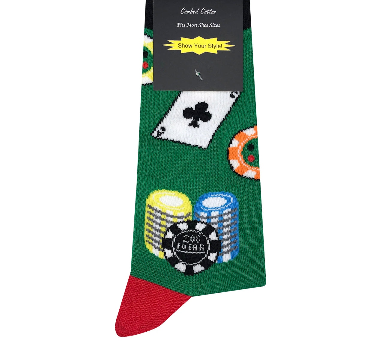 Poker Cards & Chips Cartoon Socks, Fun Novelty Unisex 360 Degree Artwork Character Designed Crew Socks