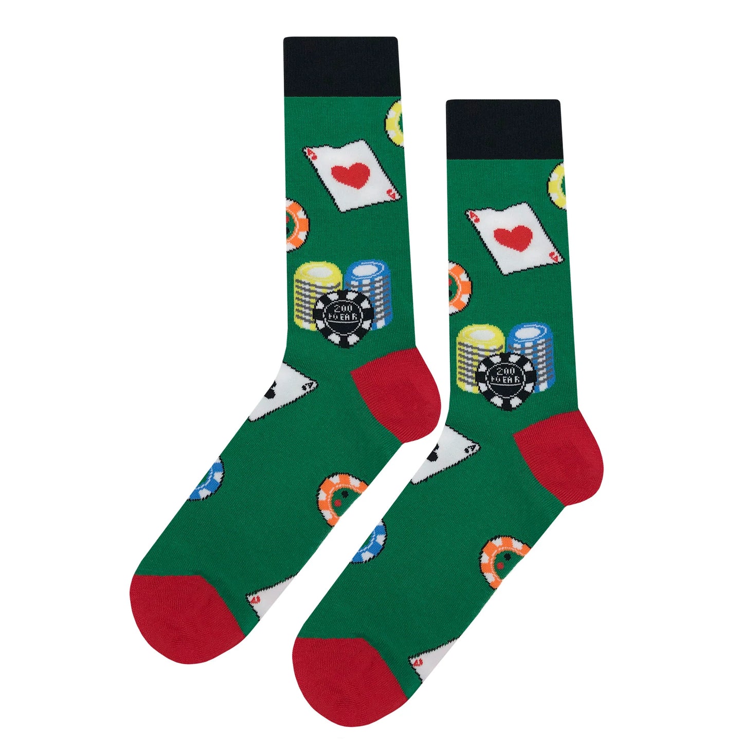 Poker Cards & Chips Cartoon Socks, Fun Novelty Unisex 360 Degree Artwork Character Designed Crew Socks