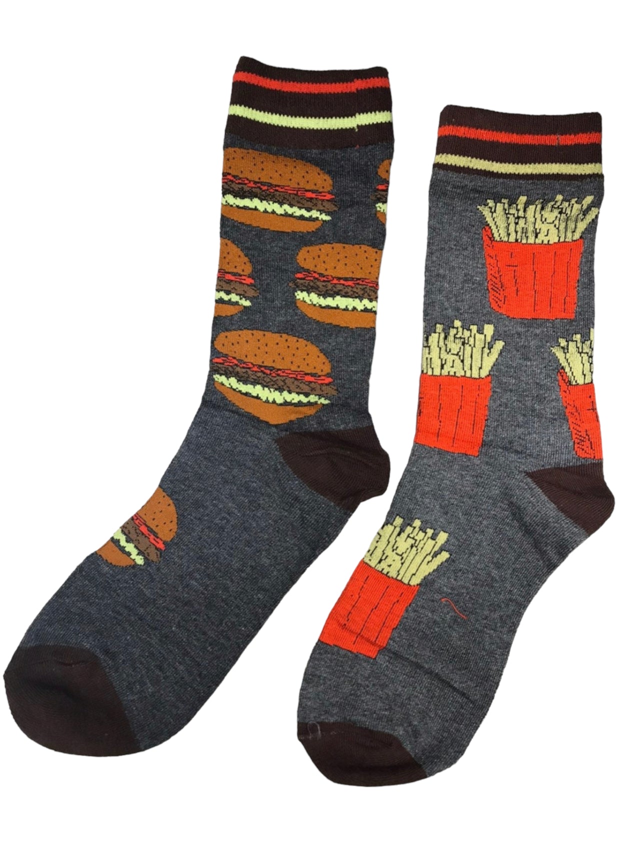 Burger & Fries Cartoon Socks, Fun Novelty Unisex 360 Degree Artwork Character Designed Crew Socks